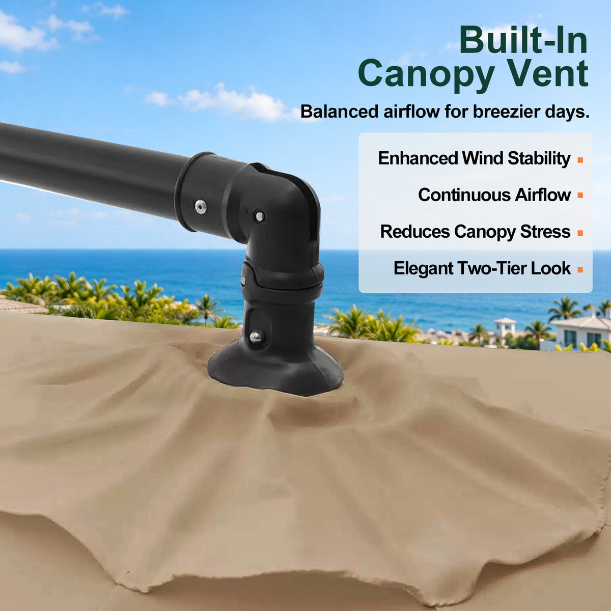 Close-up of the canopy vent and top joint on a beige cantilever patio umbrella - Sunshade