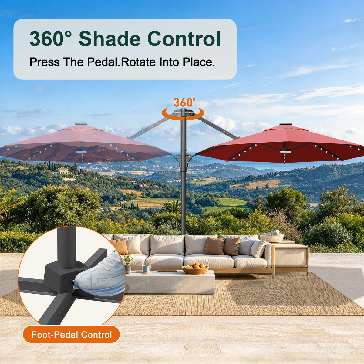 Burgundy Round cantilever umbrella with foot-pedal control for 360° rotation - Sunshade