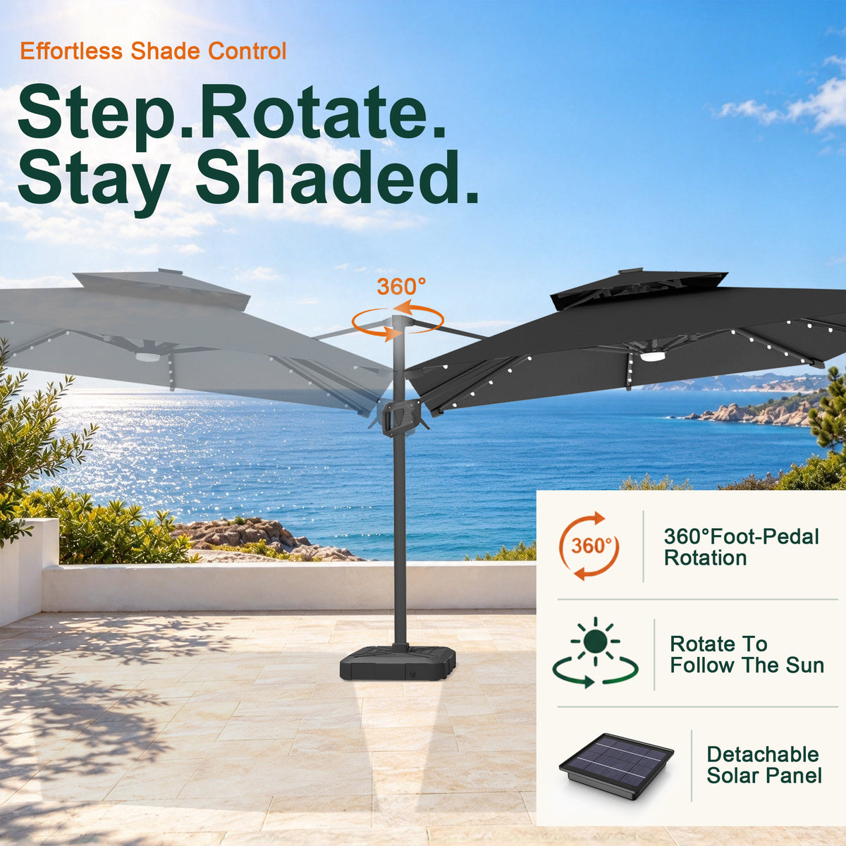 Black Aegis Pro LED cantilever umbrella showing 360° foot-pedal rotation - Sunshade