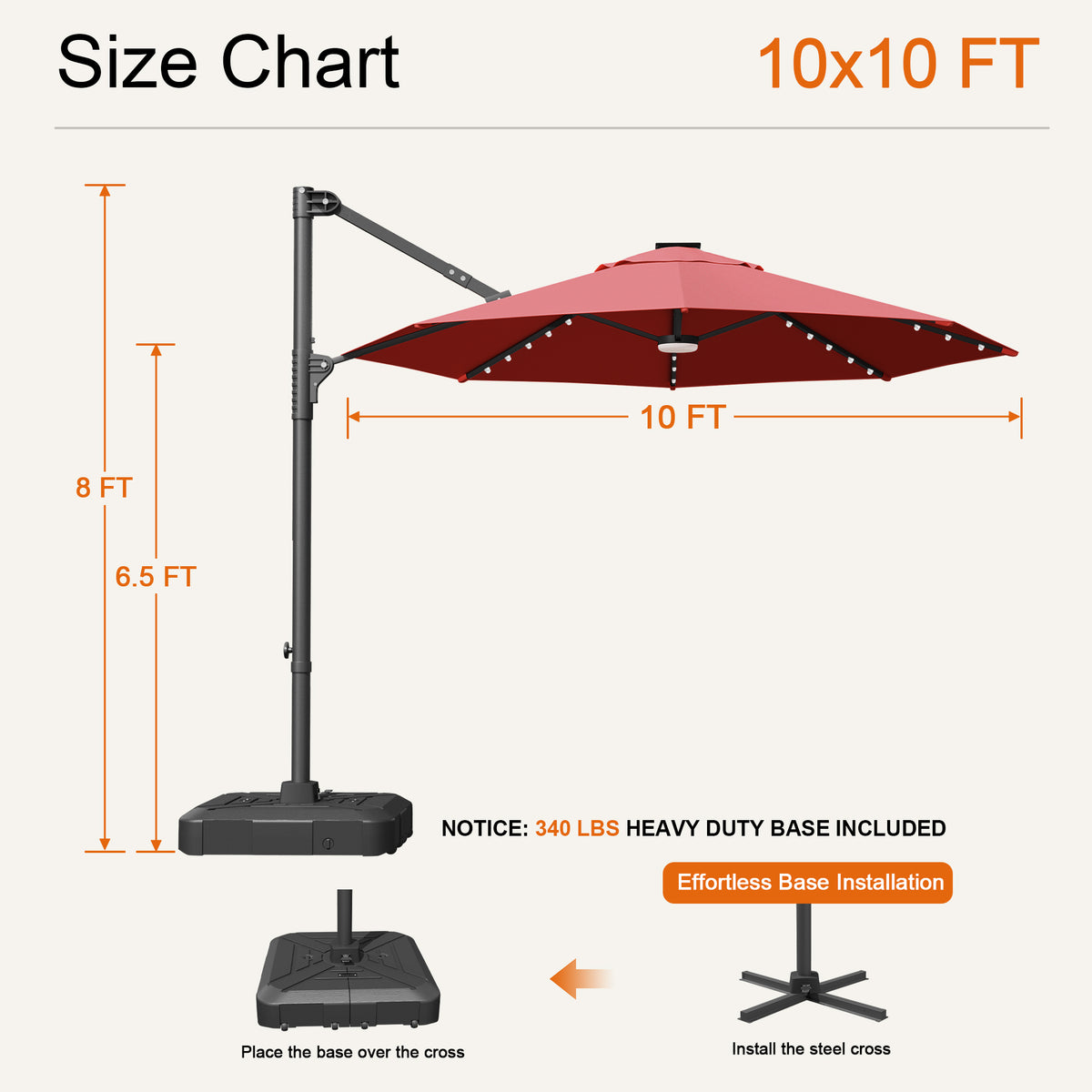 Burgundy Aegis Pro round LED cantilever umbrella size chart: 10 x 10 ft, 8 ft tall, 6.5 ft clearance - Sunshade