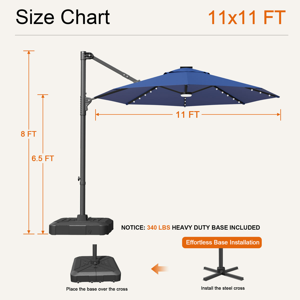 Navy blue Aegis Pro round LED cantilever umbrella size chart: 11 x 11 ft, 8 ft tall, 6.5 ft clearance - Sunshade