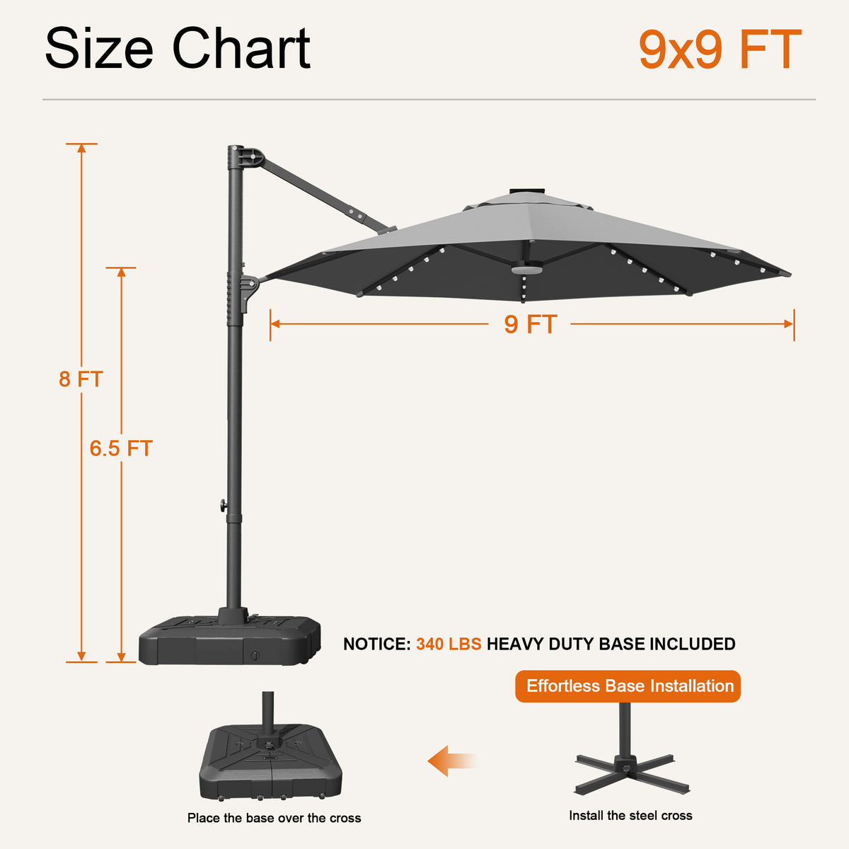 Charcoal Aegis Pro round LED cantilever umbrella size chart: 9 x 9 ft, 8 ft tall, 6.5 ft clearance - Sunshade