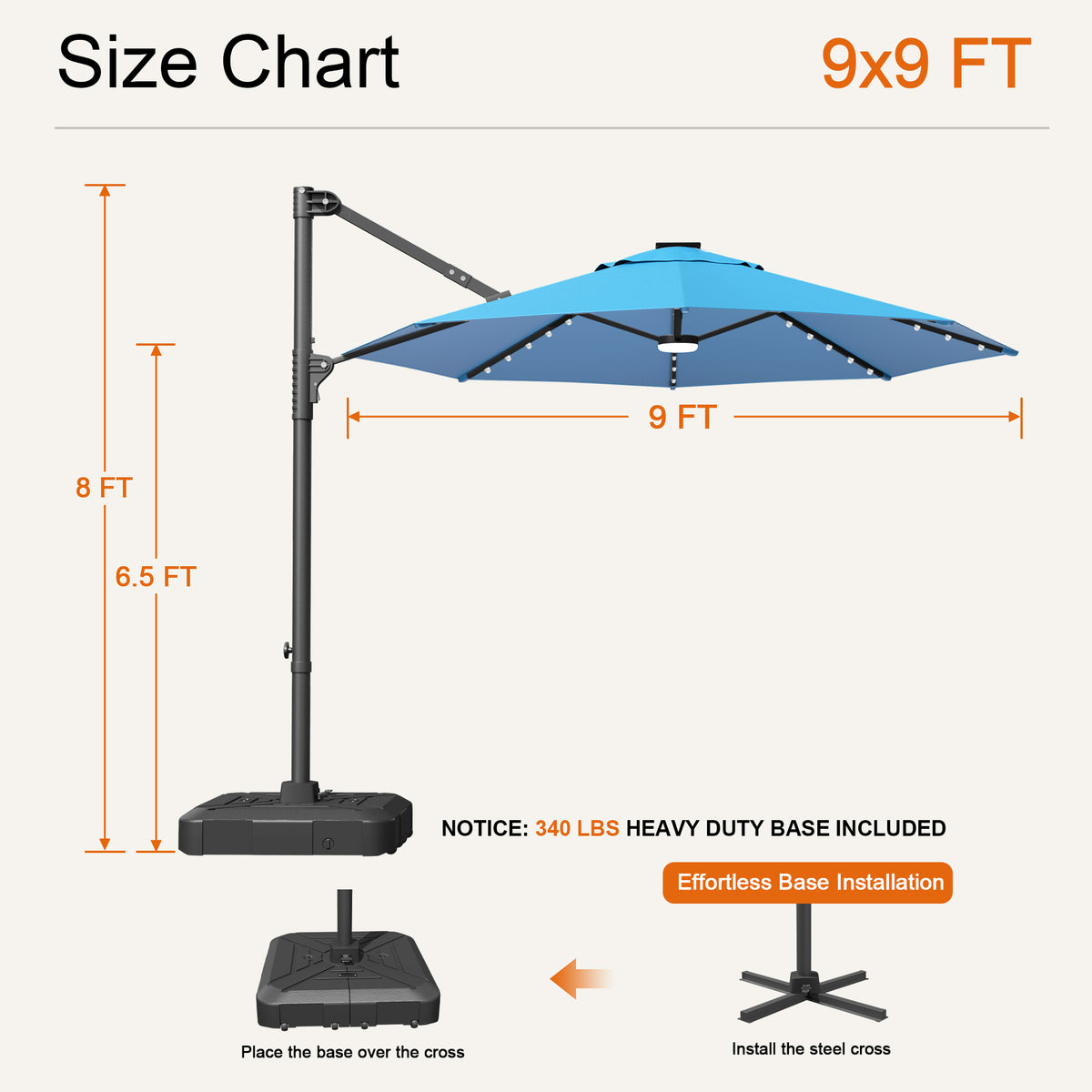 Turquoise Aegis Pro round LED cantilever umbrella size chart: 9 x 9 ft, 8 ft tall, 6.5 ft clearance - Sunshade
