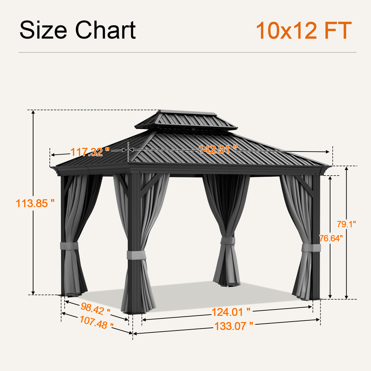 Gray 10 x 12 ft hardtop gazebo size chart, 113.85 in overall height - Sunshade