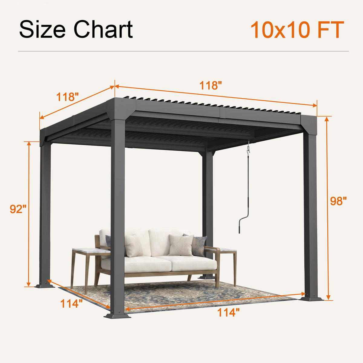 Atlantic 10 x 10 ft freestanding louvered pergola size chart, 98 in overall height - Sunshade
