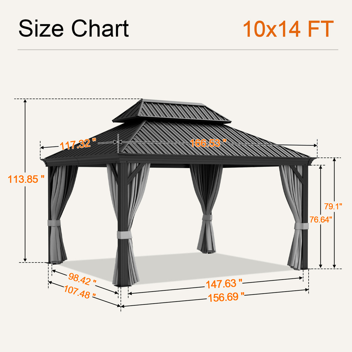 Gray 10 x 14 ft hardtop gazebo size chart, 113.85 in overall height - Sunshade