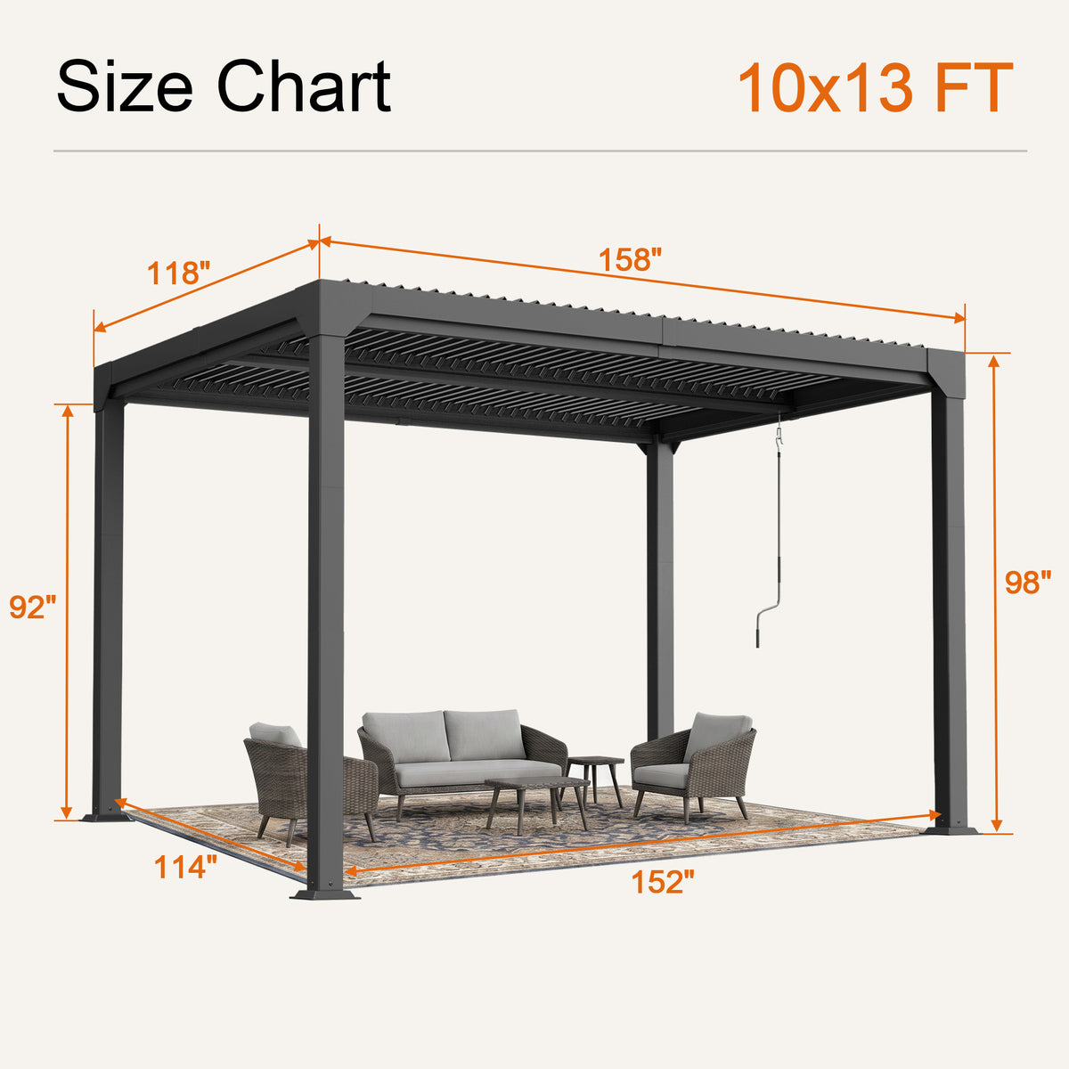 Atlantic 10 x 13 ft freestanding louvered pergola size chart, 98 in overall height - Sunshade