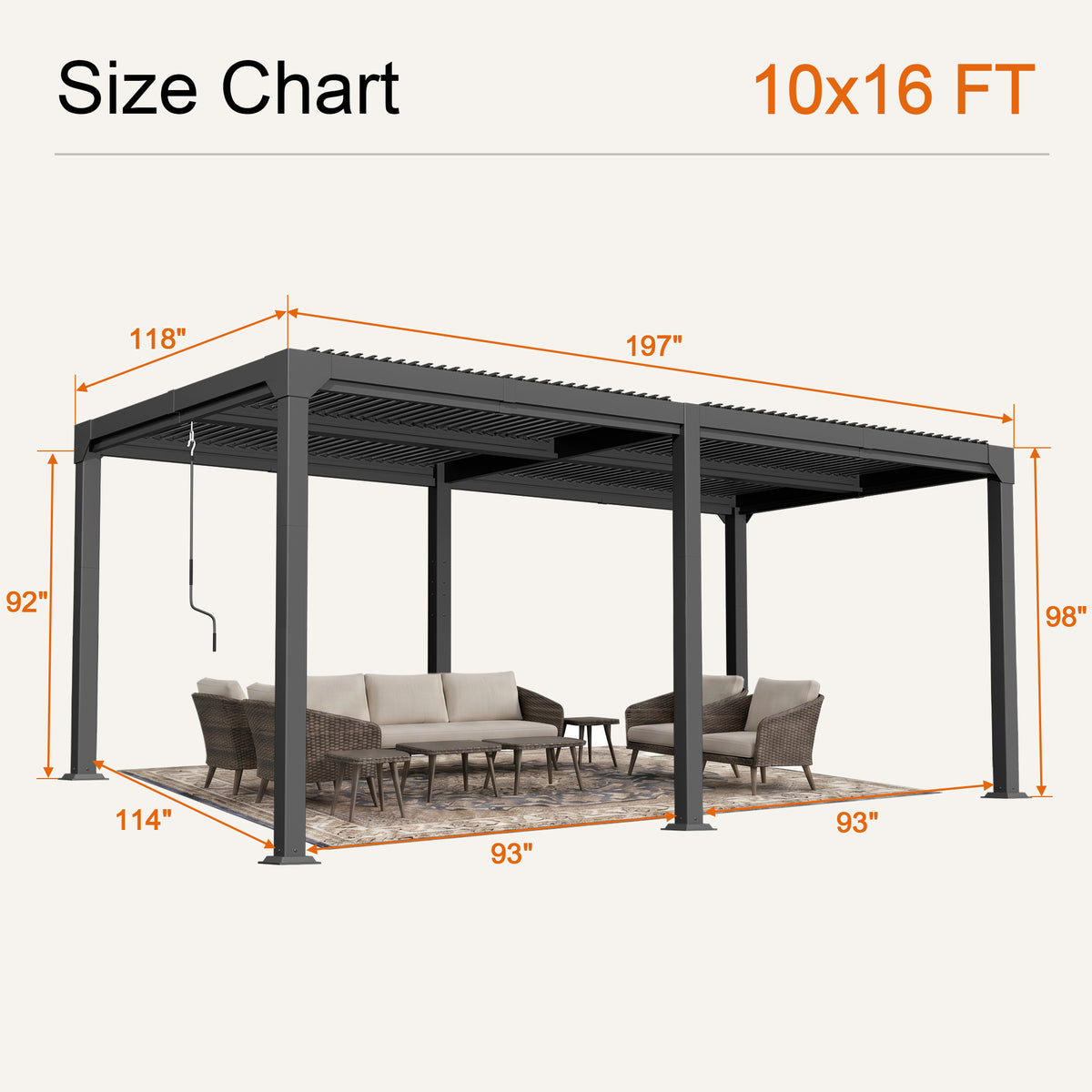 Atlantic 10 x 16 ft freestanding louvered pergola size chart, 98 in overall height - Sunshade