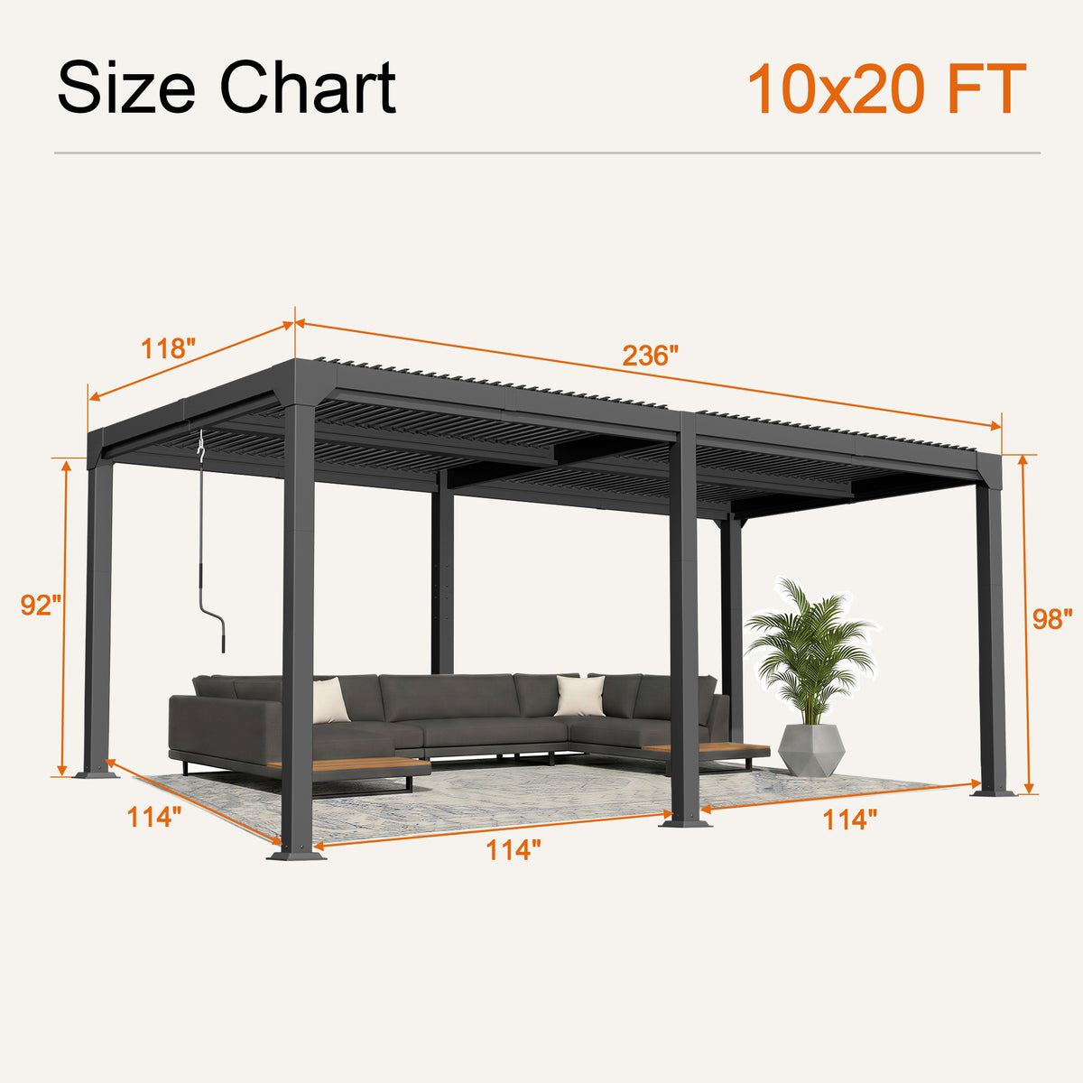 Atlantic 10 x 20 ft freestanding louvered pergola size chart, 98 in overall height - Sunshade