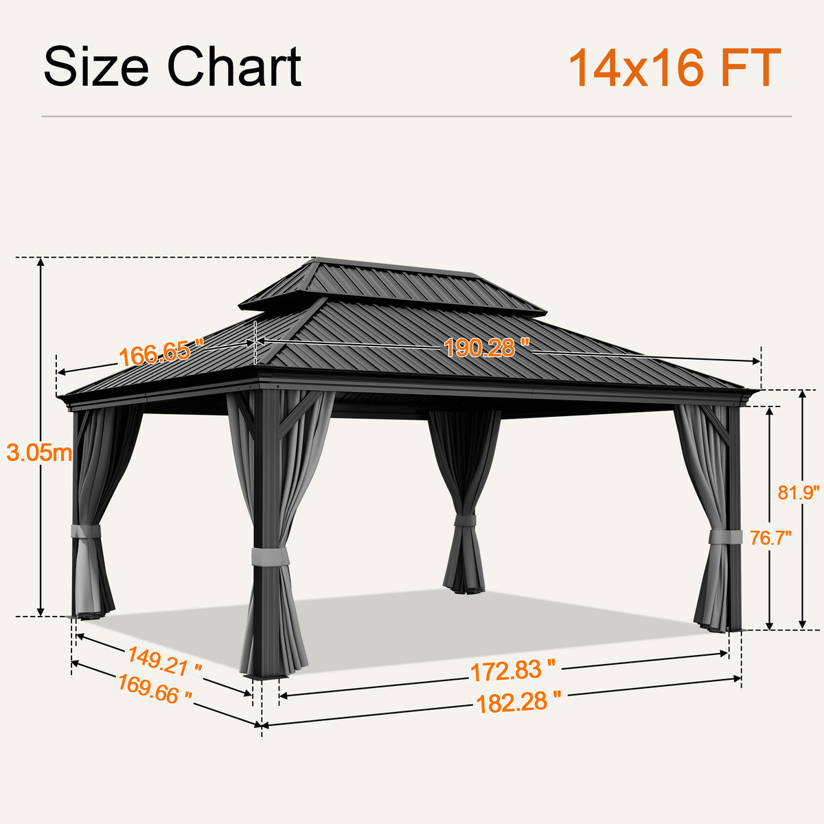Gray 14 x 16 ft hardtop gazebo size chart, approximately 120.08 in overall height - Sunshade