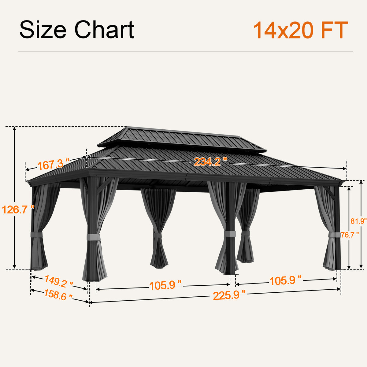 Gray 14 x 20 ft hardtop gazebo size chart, 126.7 in overall height - Sunshade