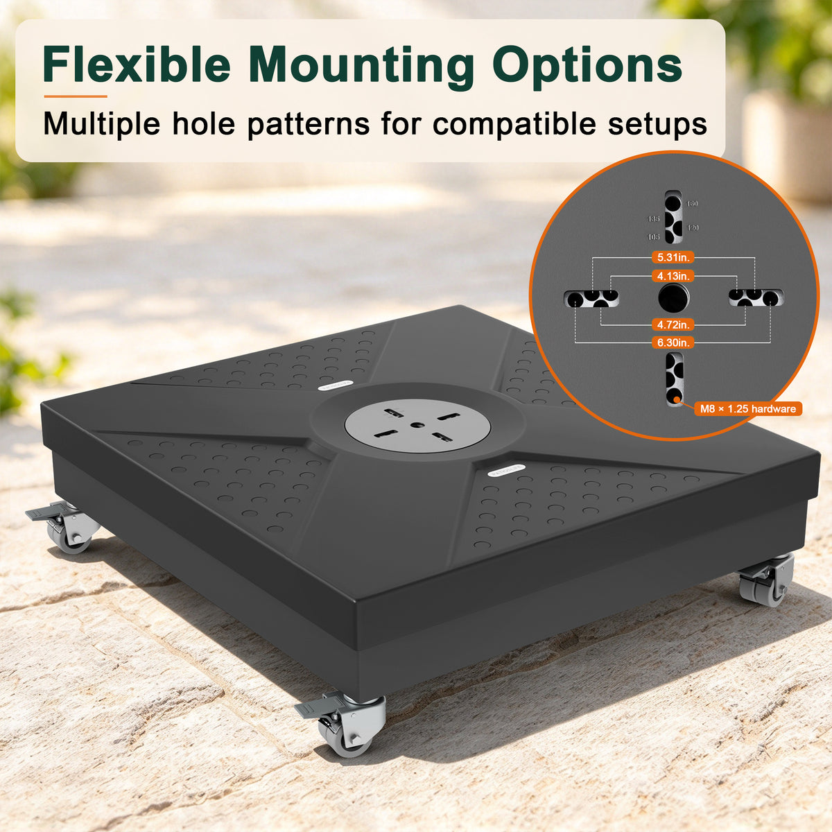 Cantilever umbrella base mounting diagram showing 4.13, 4.72, 5.31, and 6.30-inch hole spacing options with M8 × 1.25 hardware - Sunshade