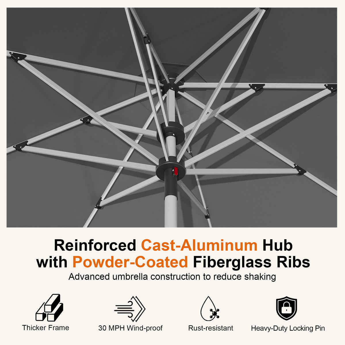 Close-up of the Charcoal Solara umbrella’s cast-aluminum hub and fiberglass ribs - Sunshade