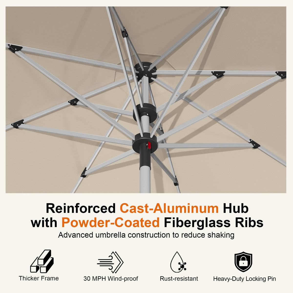 Close-up of the Cream Solara umbrella’s cast-aluminum hub and fiberglass ribs - Sunshade