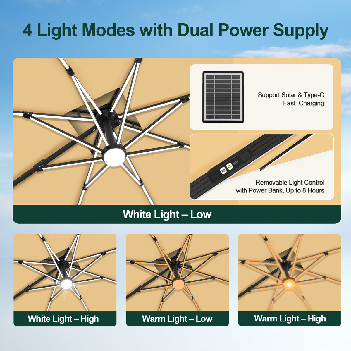 Beige cantilever umbrella LED lights with four modes and solar or USB-C charging - Sunshade