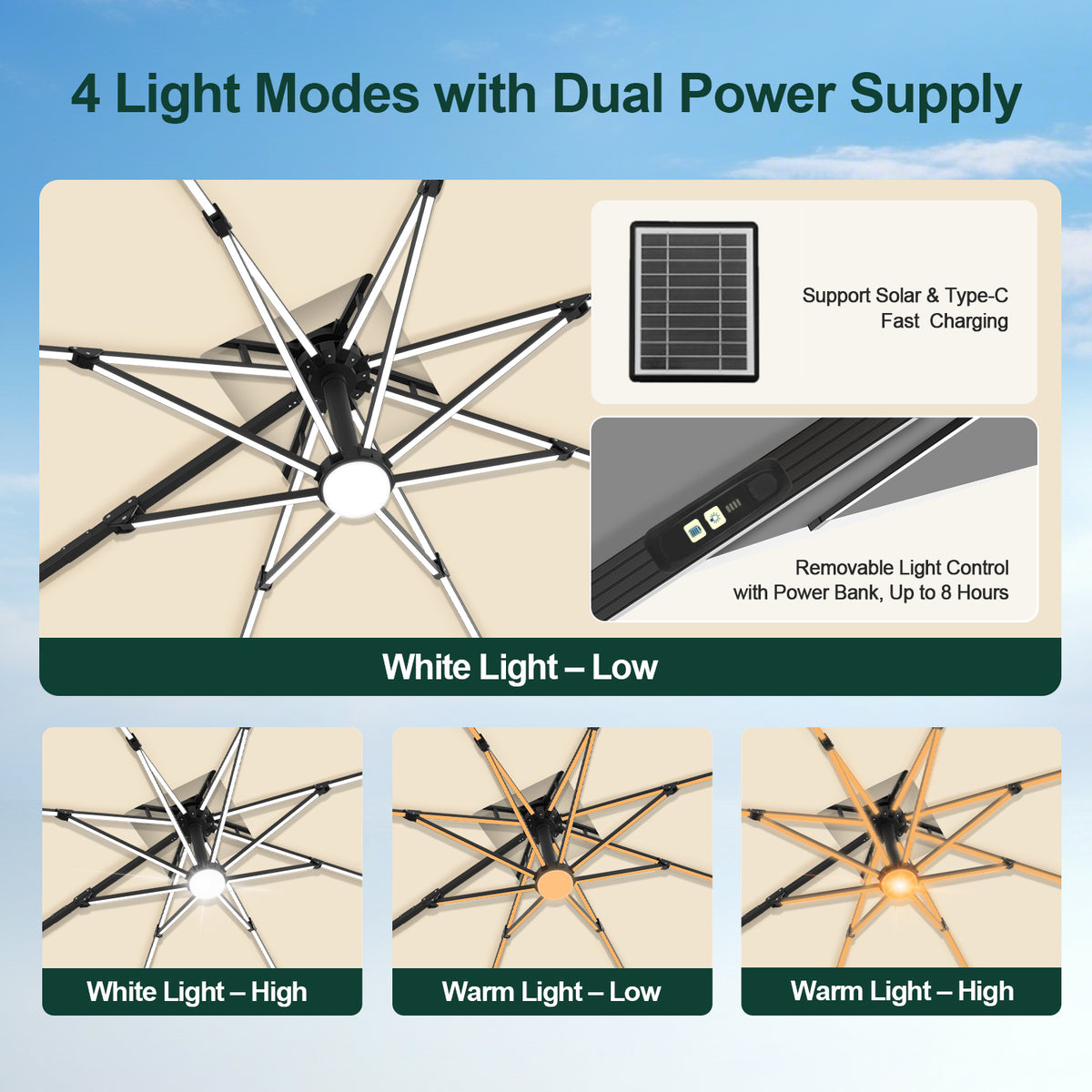 Cream cantilever umbrella LED lights with four modes and solar or USB-C charging - Sunshade