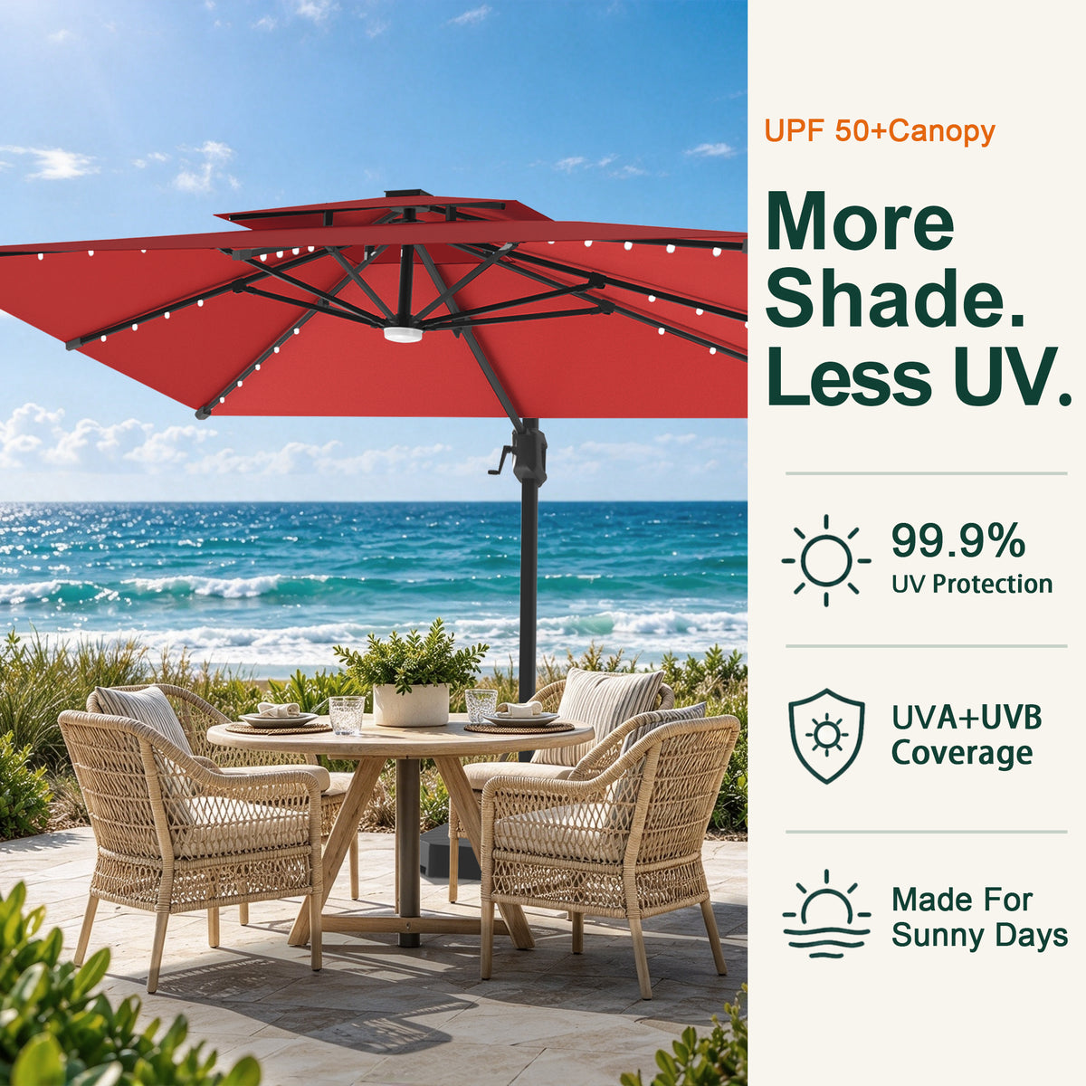 Burgundy LED cantilever umbrella with a UPF 50+ canopy shading a seaside dining set - Sunshade