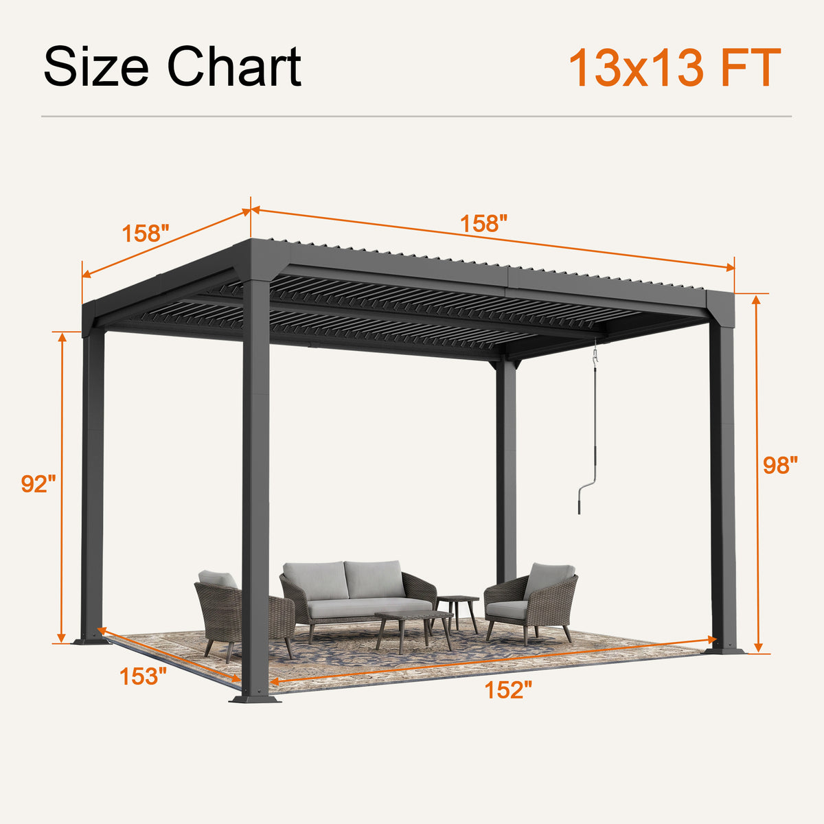 Atlantic 13 x 13 ft freestanding louvered pergola size chart, 98 in overall height - Sunshade