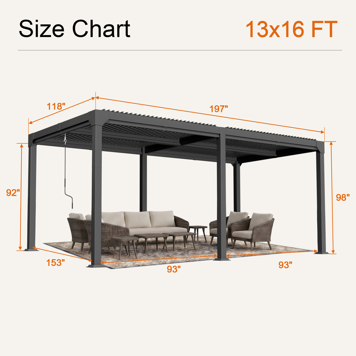 Atlantic 13 x 16 ft freestanding louvered pergola size chart, 98 in overall height - Sunshade