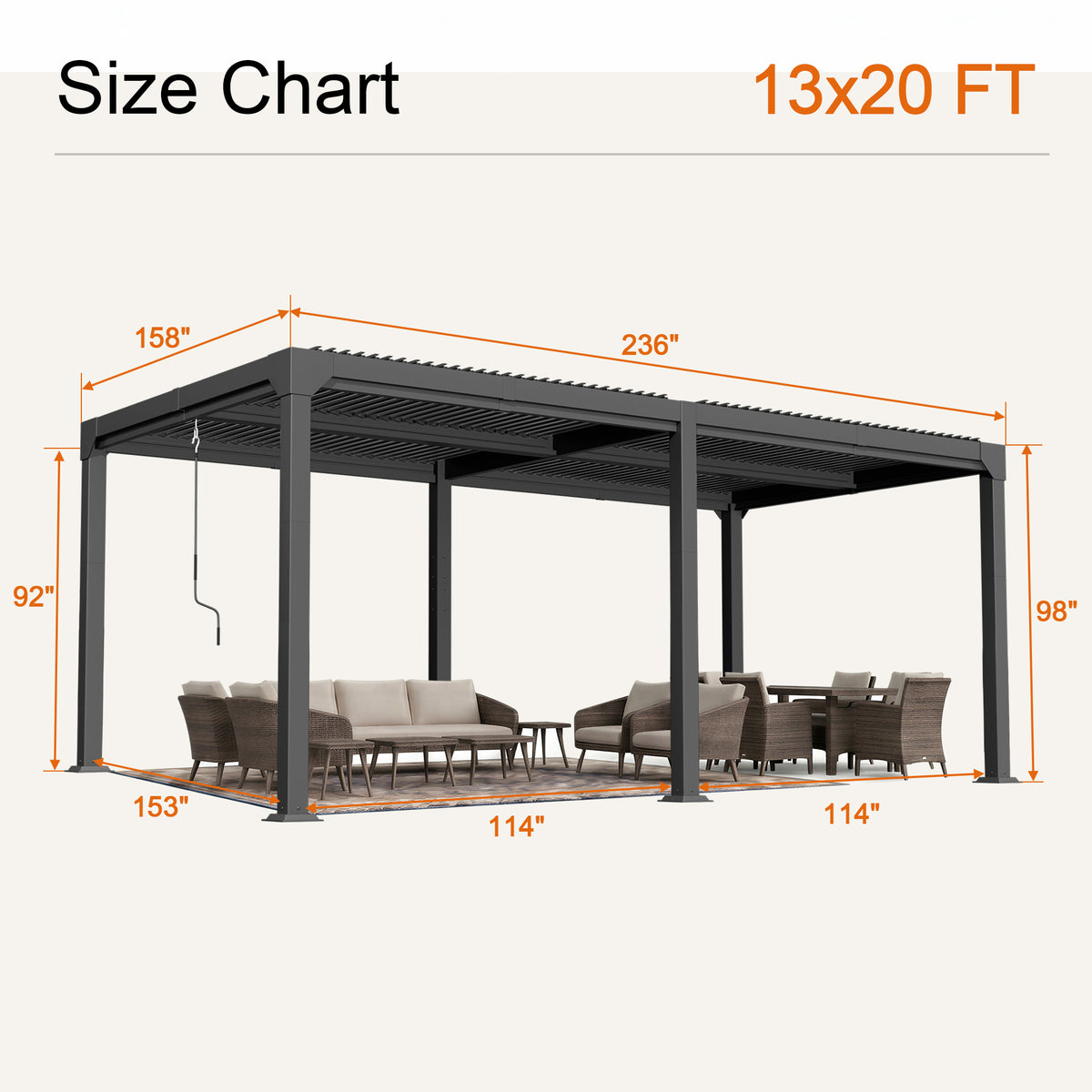 Atlantic 13 x 20 ft freestanding louvered pergola size chart, 98 in overall height - Sunshade
