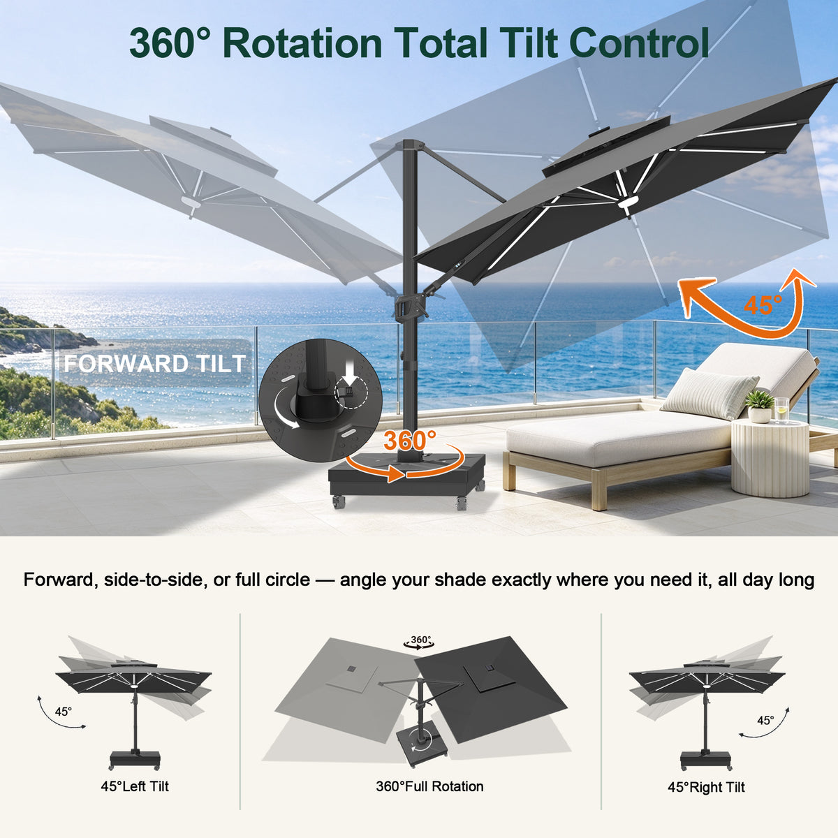 Black cantilever umbrella showing 360° rotation and 45° left and right tilt - Sunshade