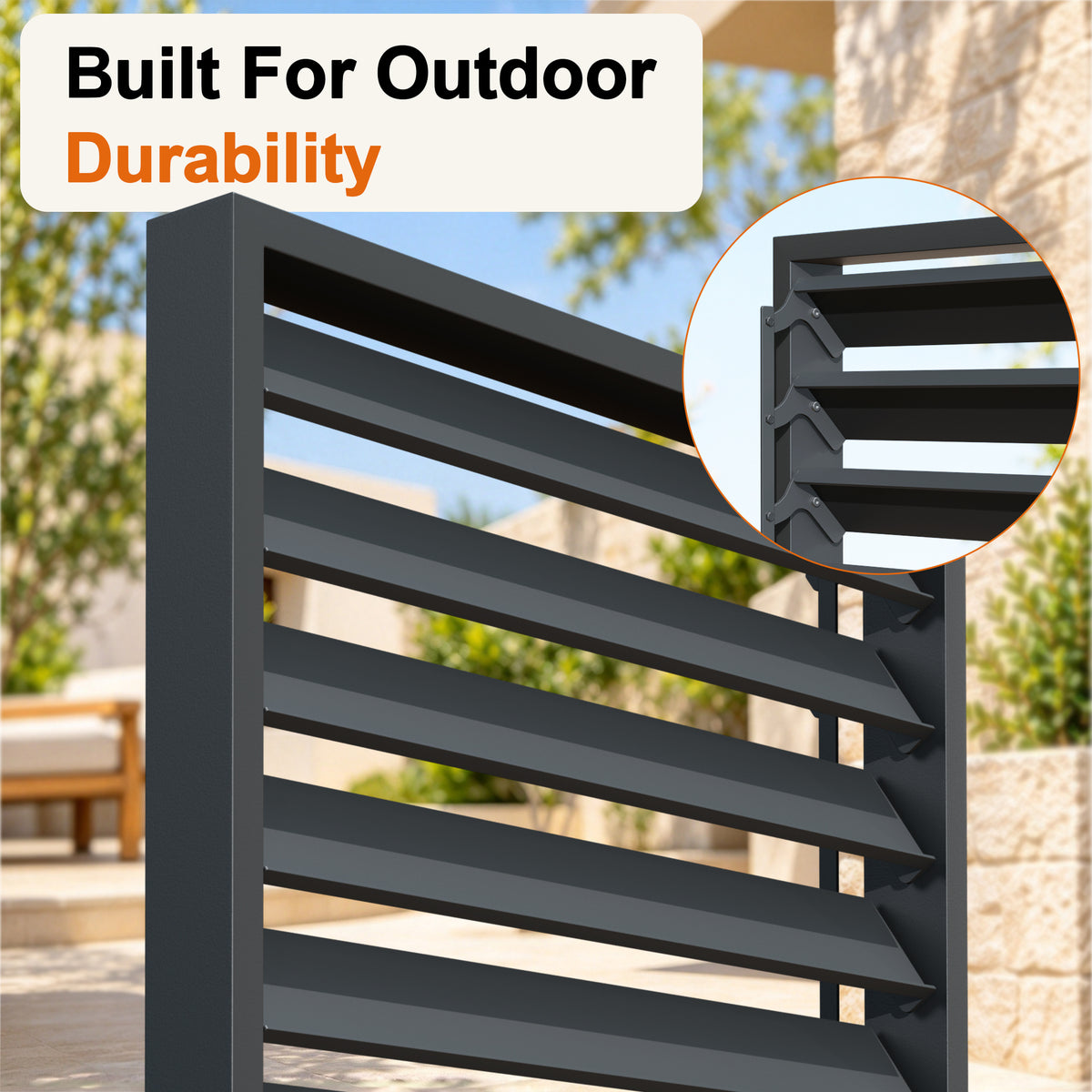 Pergola side wall louvers shown closed for shade and open for airflow - Sunshade