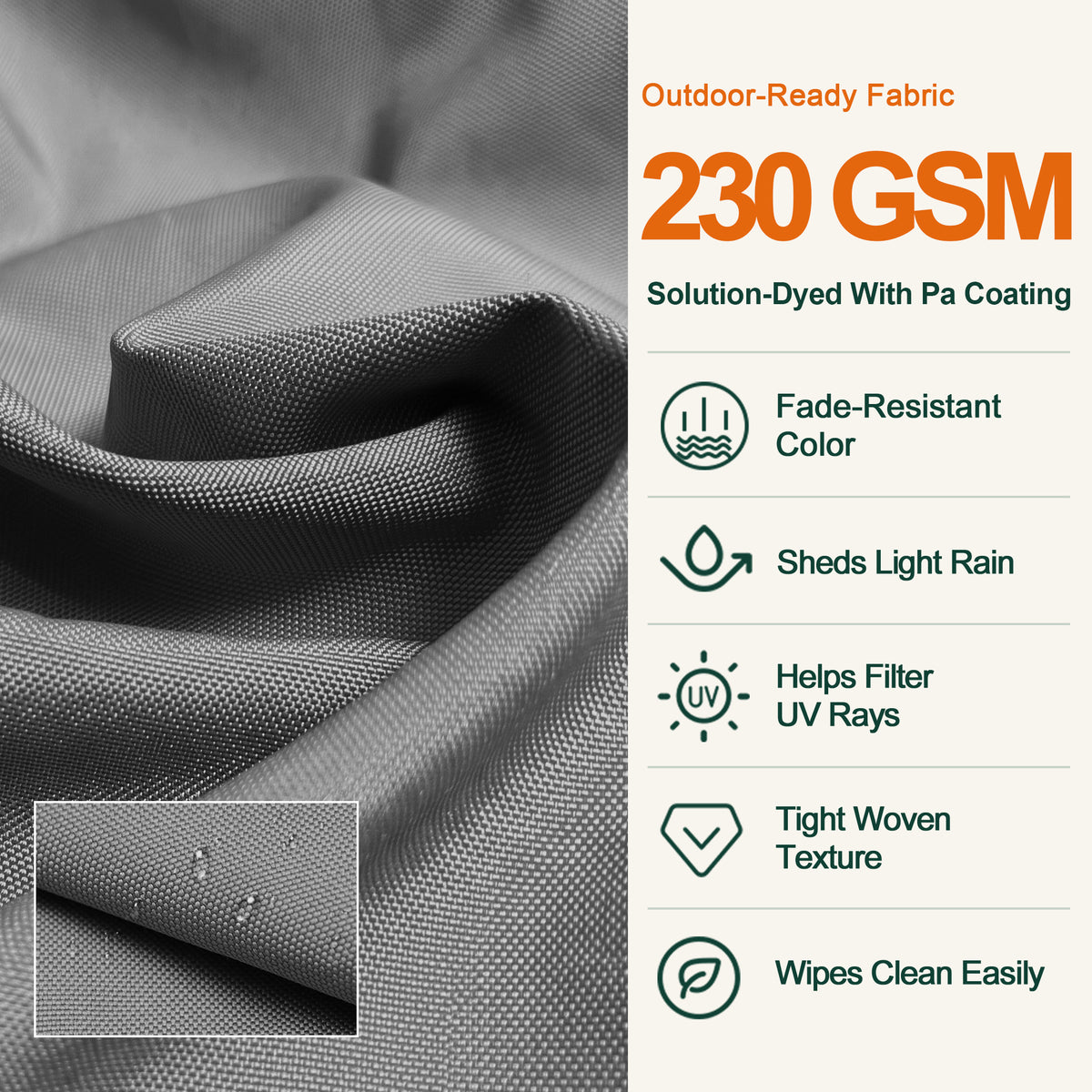 Close-up of charcoal 230 GSM solution-dyed umbrella fabric with a PA coating - Sunshade