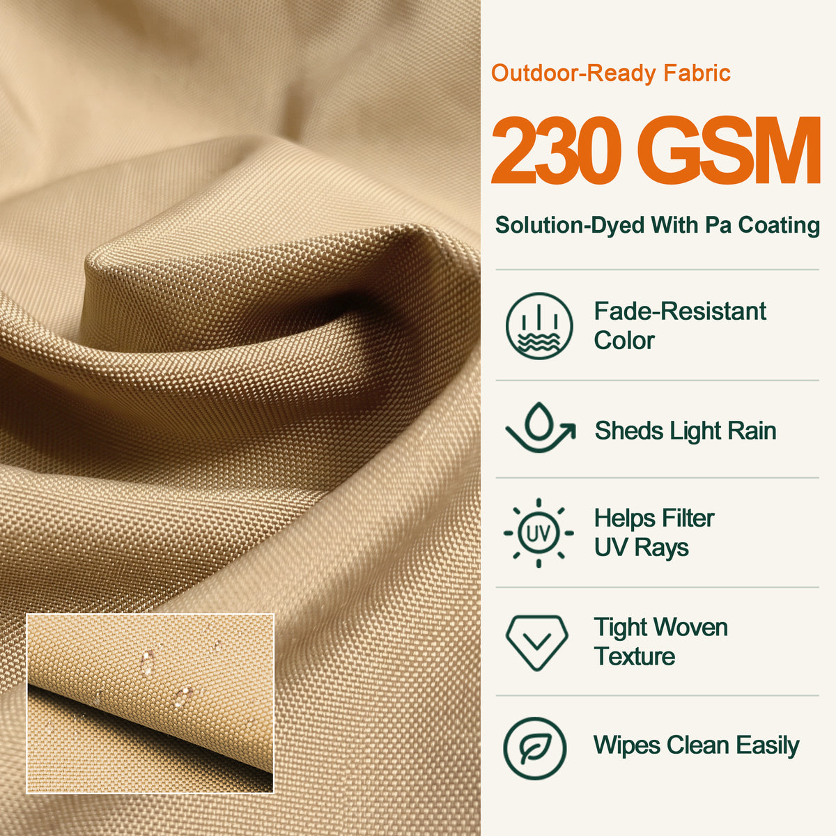 Close-up of beige 230 GSM solution-dyed umbrella fabric with a PA coating - Sunshade