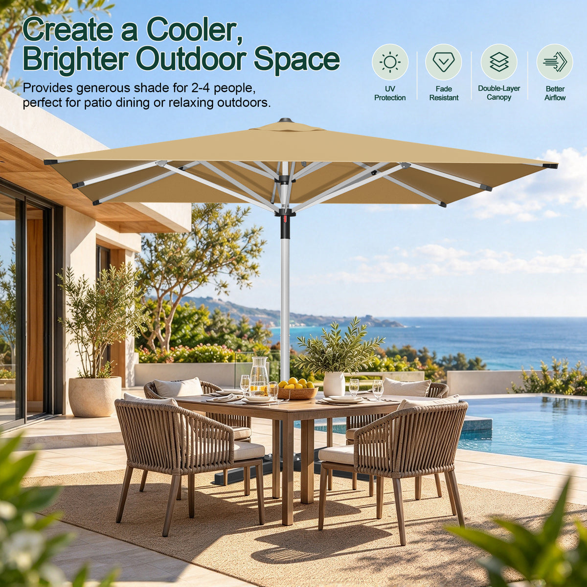 Beige Solara square market umbrella shading a poolside patio dining table - Sunshade