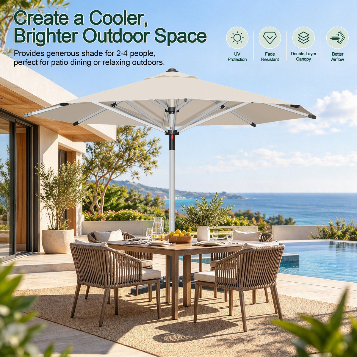 Cream Solara round market umbrella shading a poolside patio dining table - Sunshade