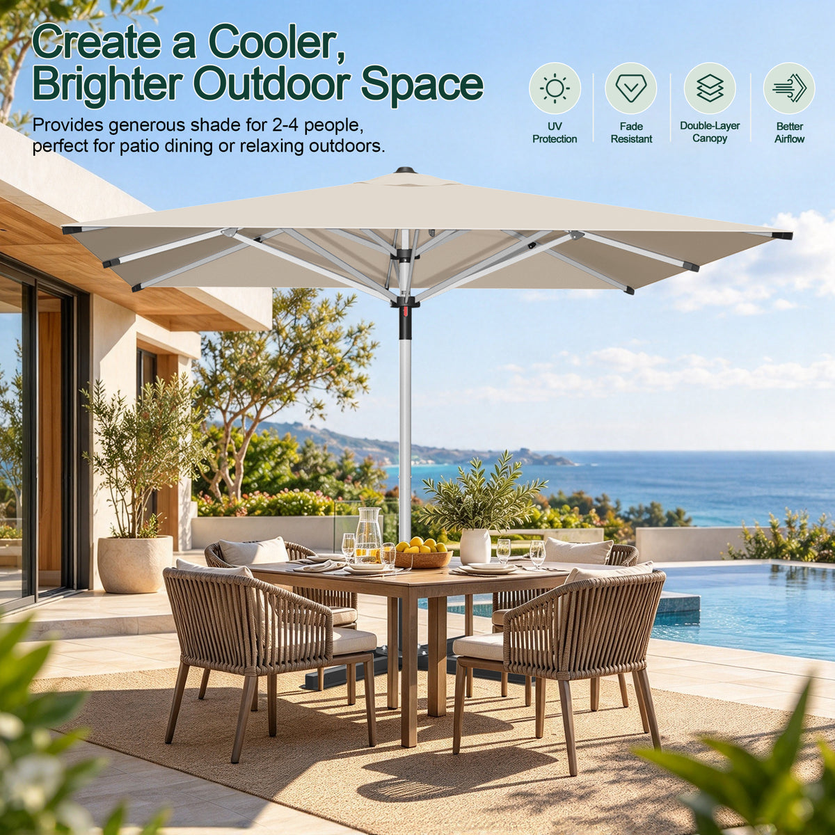 Cream Solara square market umbrella shading a poolside patio dining table - Sunshade
