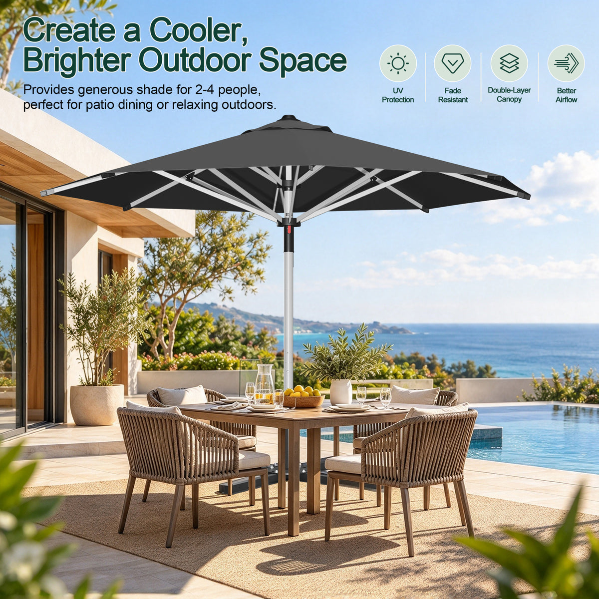 Black Solara round market umbrella shading a poolside patio dining table - Sunshade