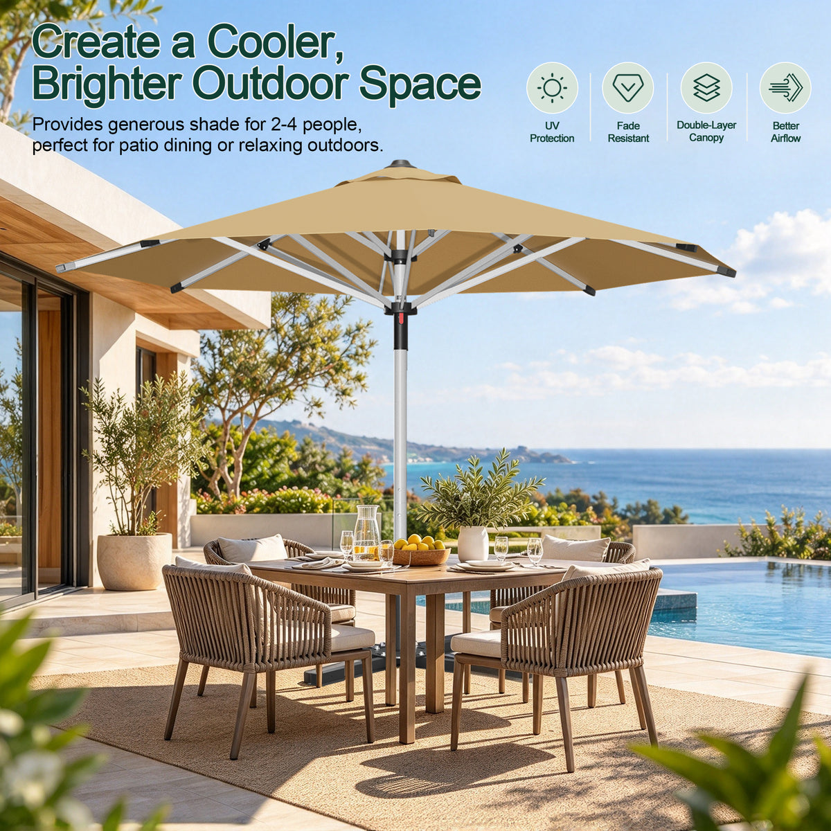 Sunshade Solara 7.5–10 ft. Round Market Patio Umbrella with Reinforced Aluminum Frame, 3-Level Tilt & Optional Solar LED Lights