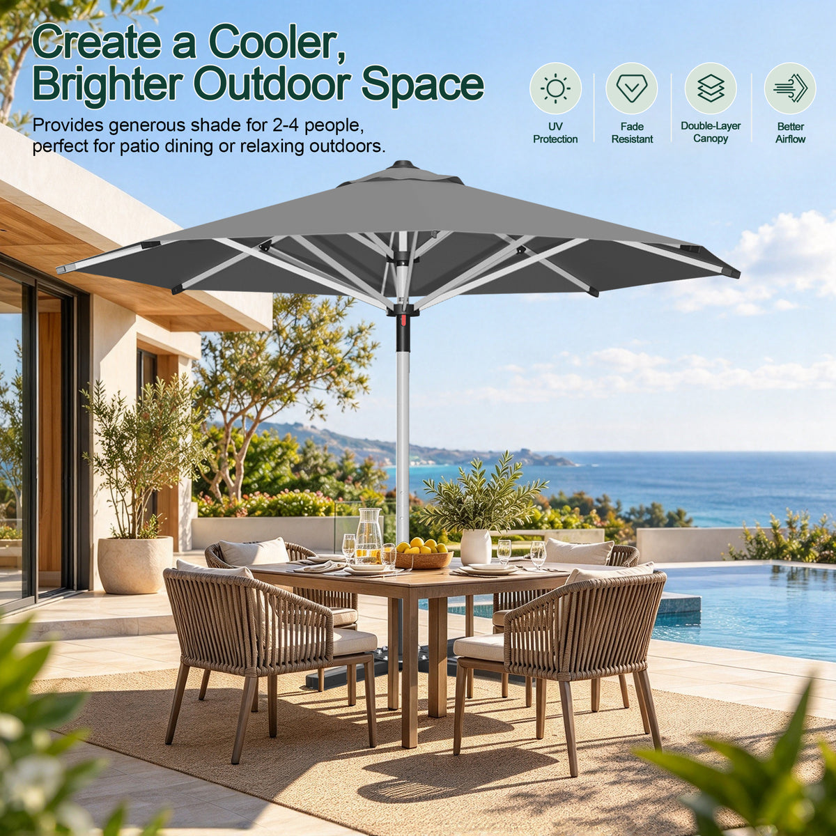 Charcoal Solara round market umbrella shading a poolside patio dining table - Sunshade