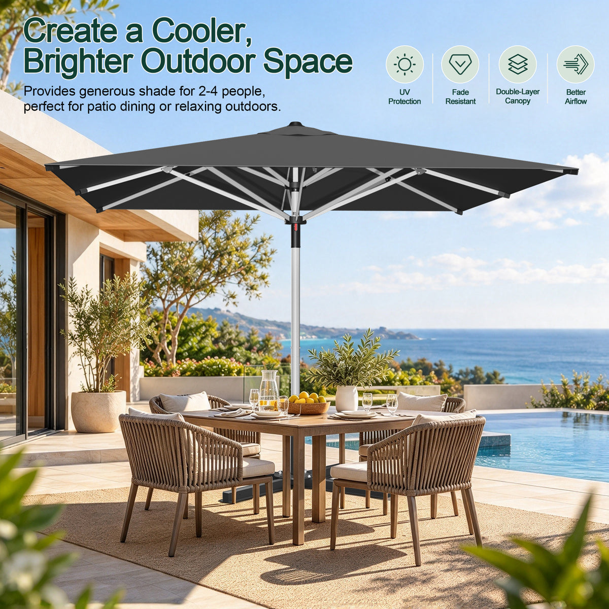 Black Solara square market umbrella shading a poolside patio dining table - Sunshade