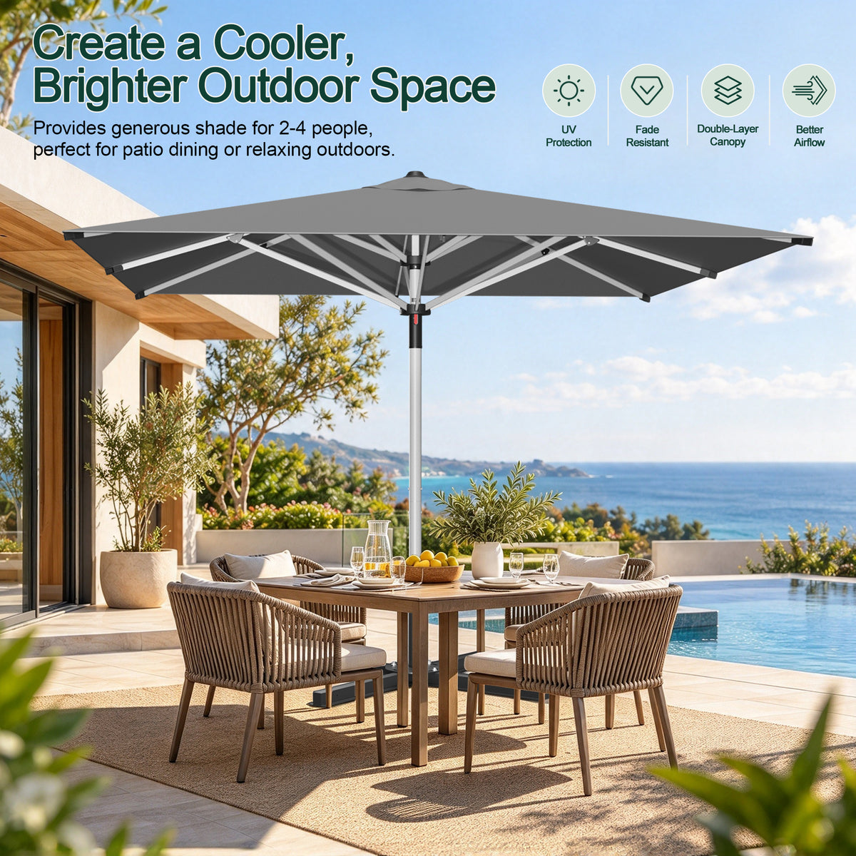 Charcoal Solara square market umbrella shading a poolside patio dining table - Sunshade