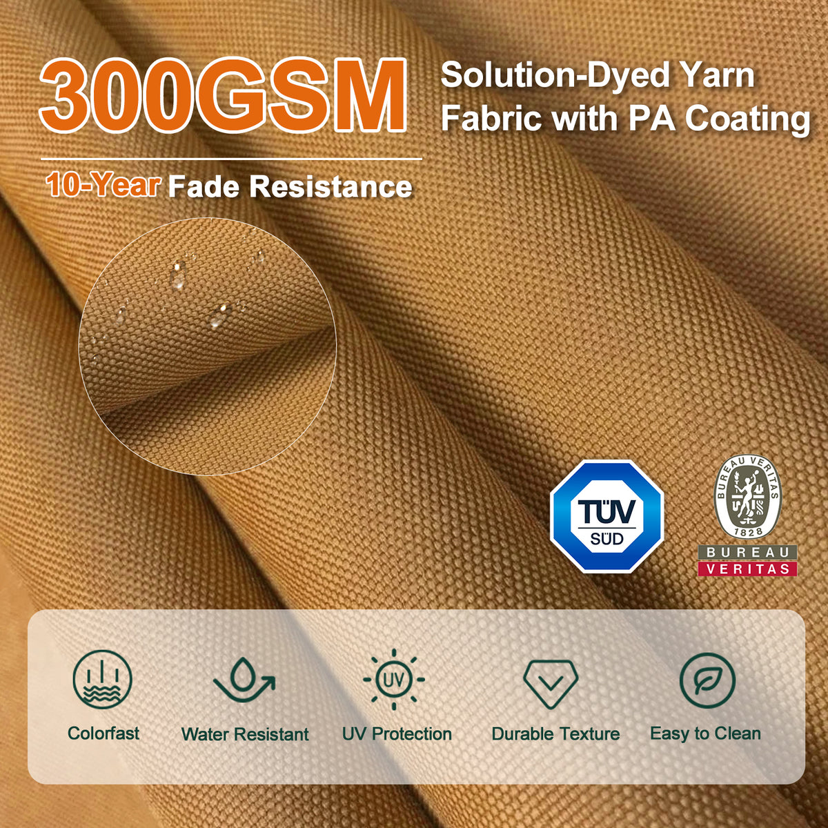 Close-up of beige 300 GSM solution-dyed umbrella fabric with PA coating - Sunshade