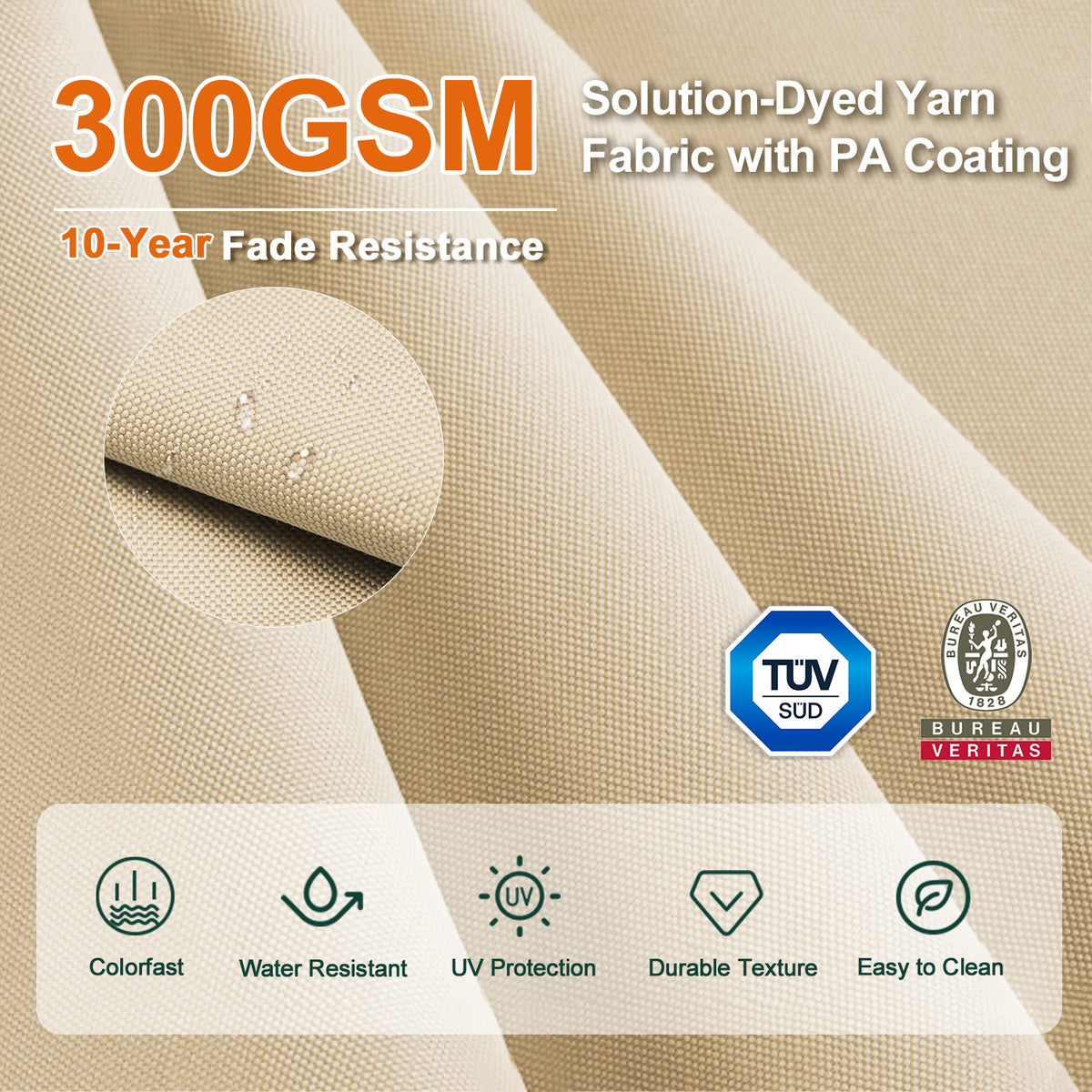 Close-up of cream 300 GSM solution-dyed umbrella fabric with PA coating - Sunshade