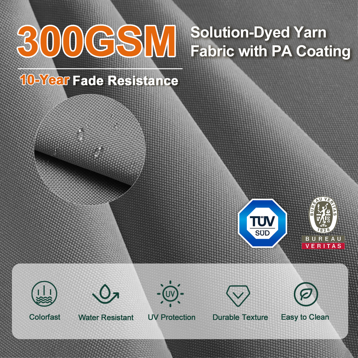 Close-up of charcoal 300 GSM solution-dyed umbrella fabric with PA coating - Sunshade