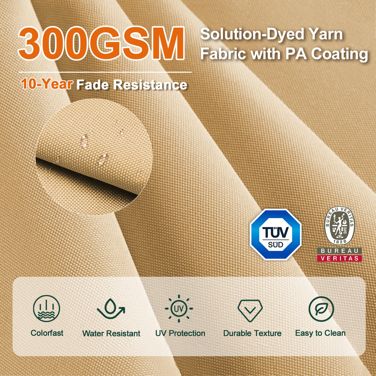 Beige close-up of 300 GSM solution-dyed umbrella fabric with PA coating - Sunshade