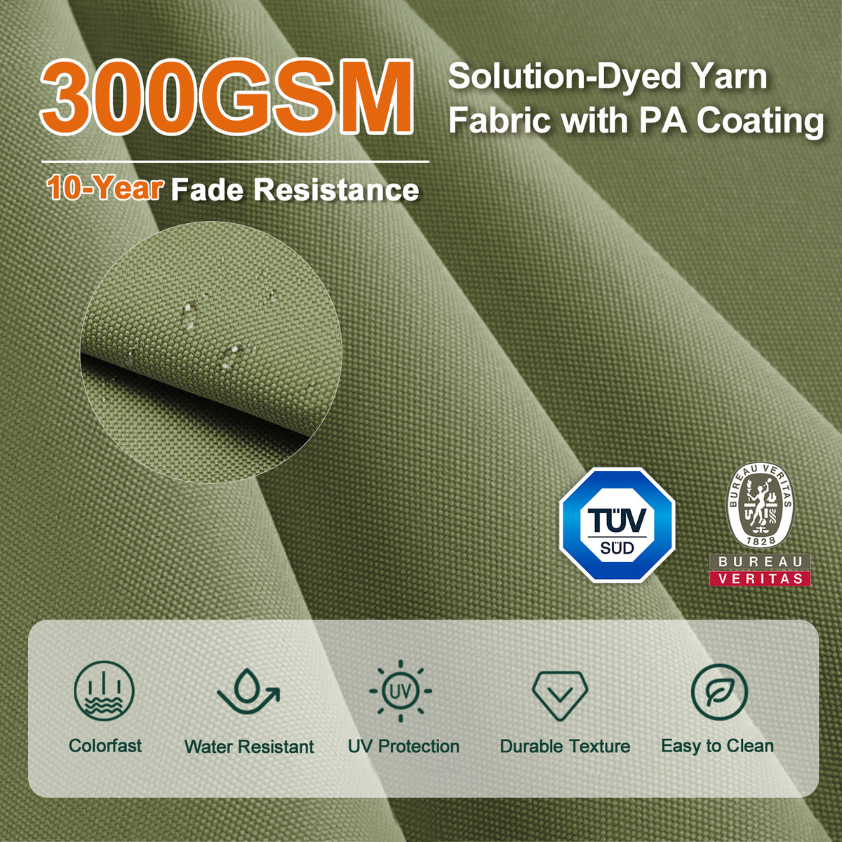 Sage Green close-up of 300 GSM solution-dyed umbrella fabric with PA coating - Sunshade