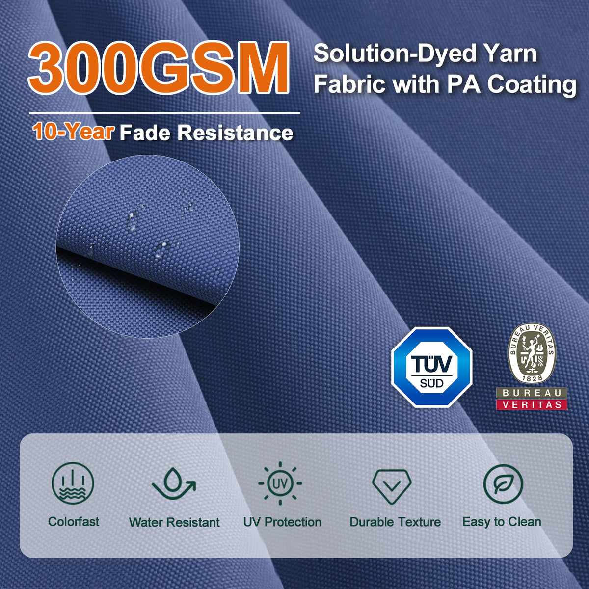 Navy Blue close-up of 300 GSM solution-dyed umbrella fabric with PA coating - Sunshade