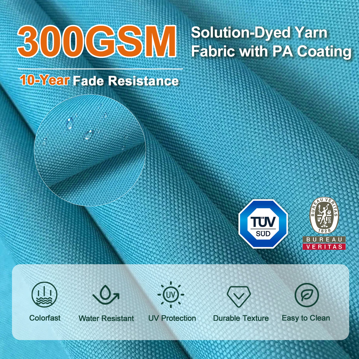 Turquoise close-up of 300 GSM solution-dyed umbrella fabric with PA coating - Sunshade