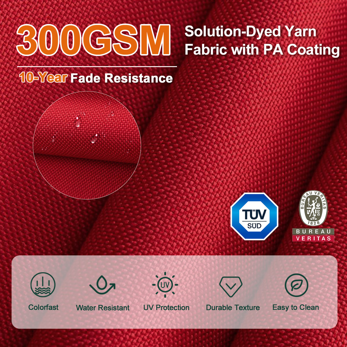 Burgundy close-up of 300 GSM solution-dyed umbrella fabric with PA coating - Sunshade