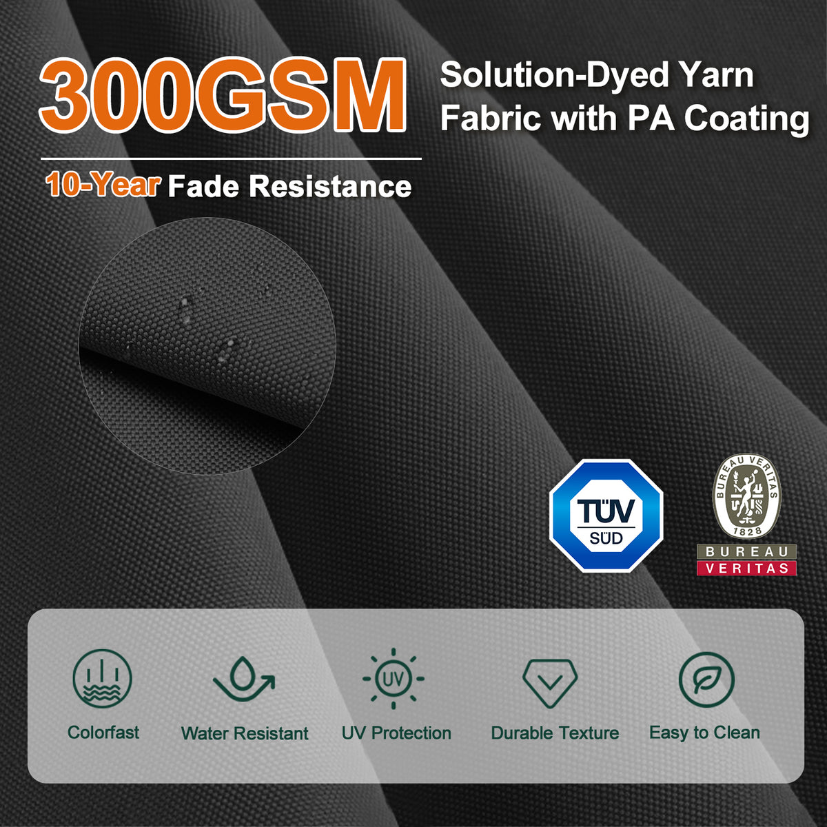 Close-up of black 300 GSM solution-dyed umbrella fabric with PA coating - Sunshade