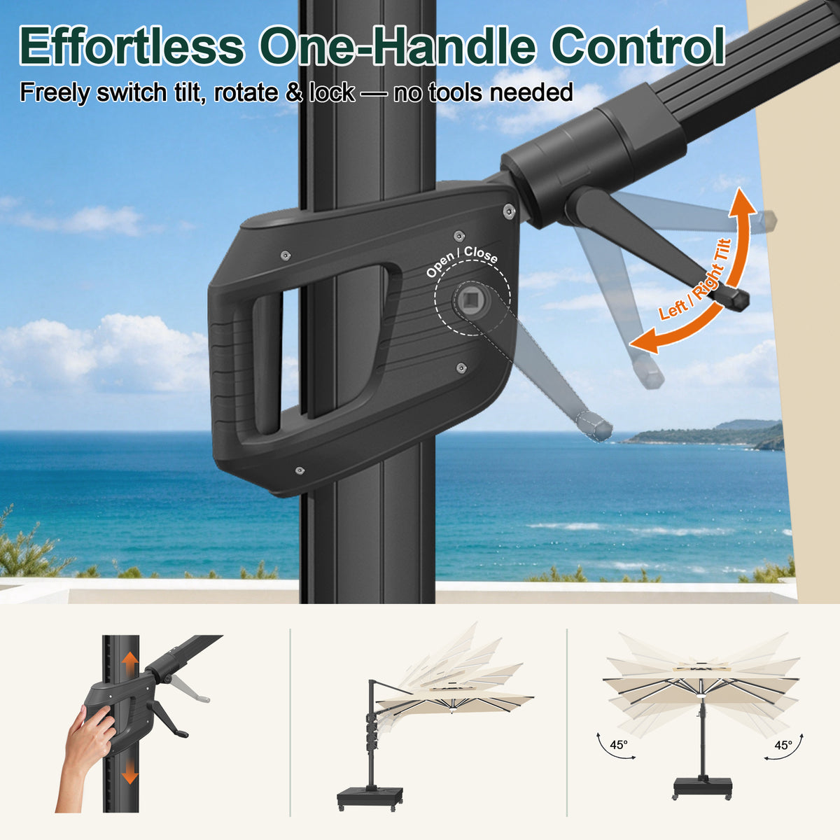 Close-up of cream cantilever umbrella handle and crank for tilt and rotation - Sunshade