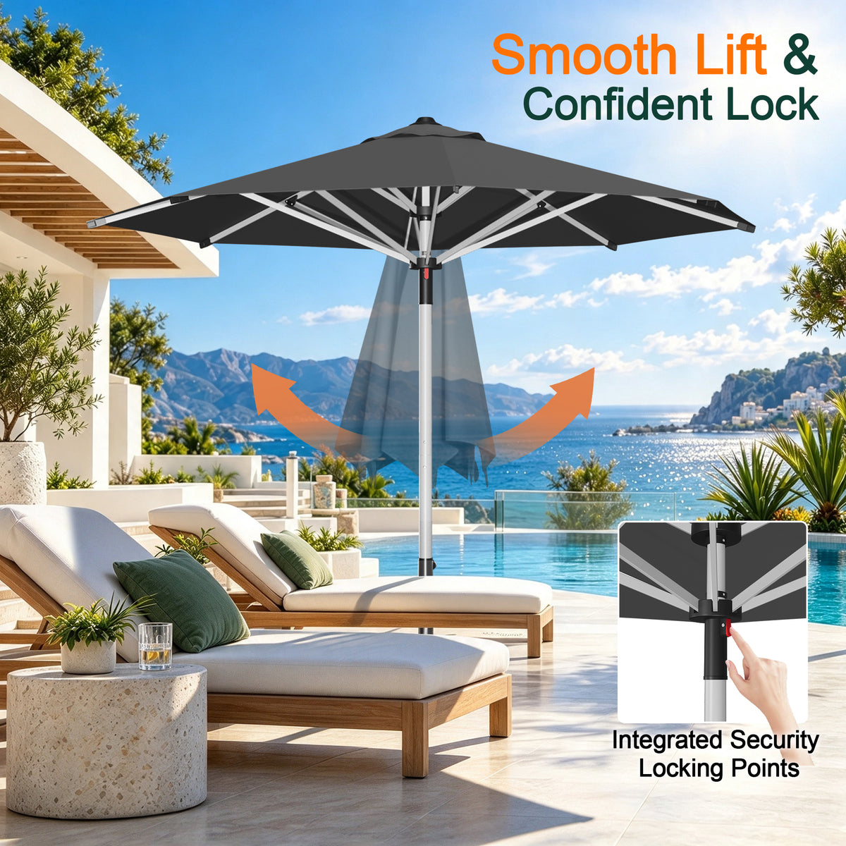 Black Solara round umbrella showing its lift mechanism and locking pin detail - Sunshade