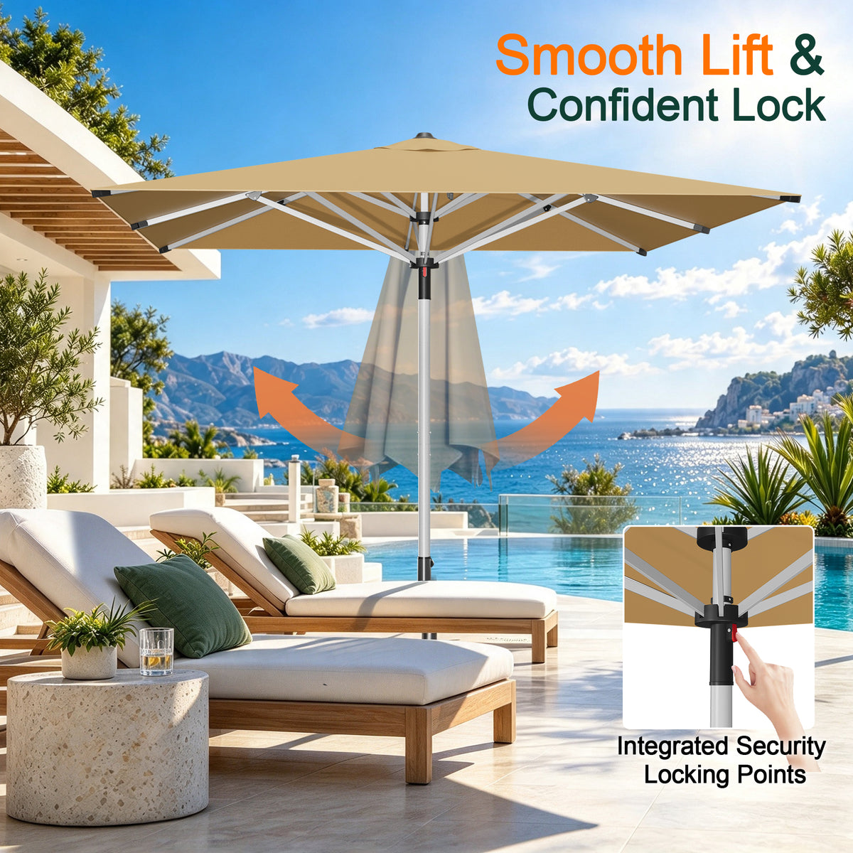 Beige Solara square umbrella showing its lift mechanism and locking pin detail - Sunshade