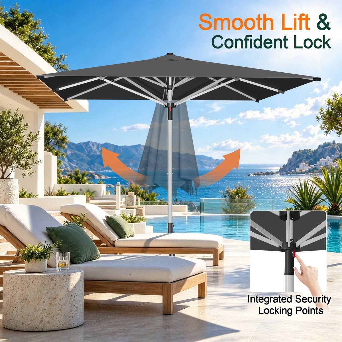 Black Solara square umbrella showing its lift mechanism and locking pin detail - Sunshade