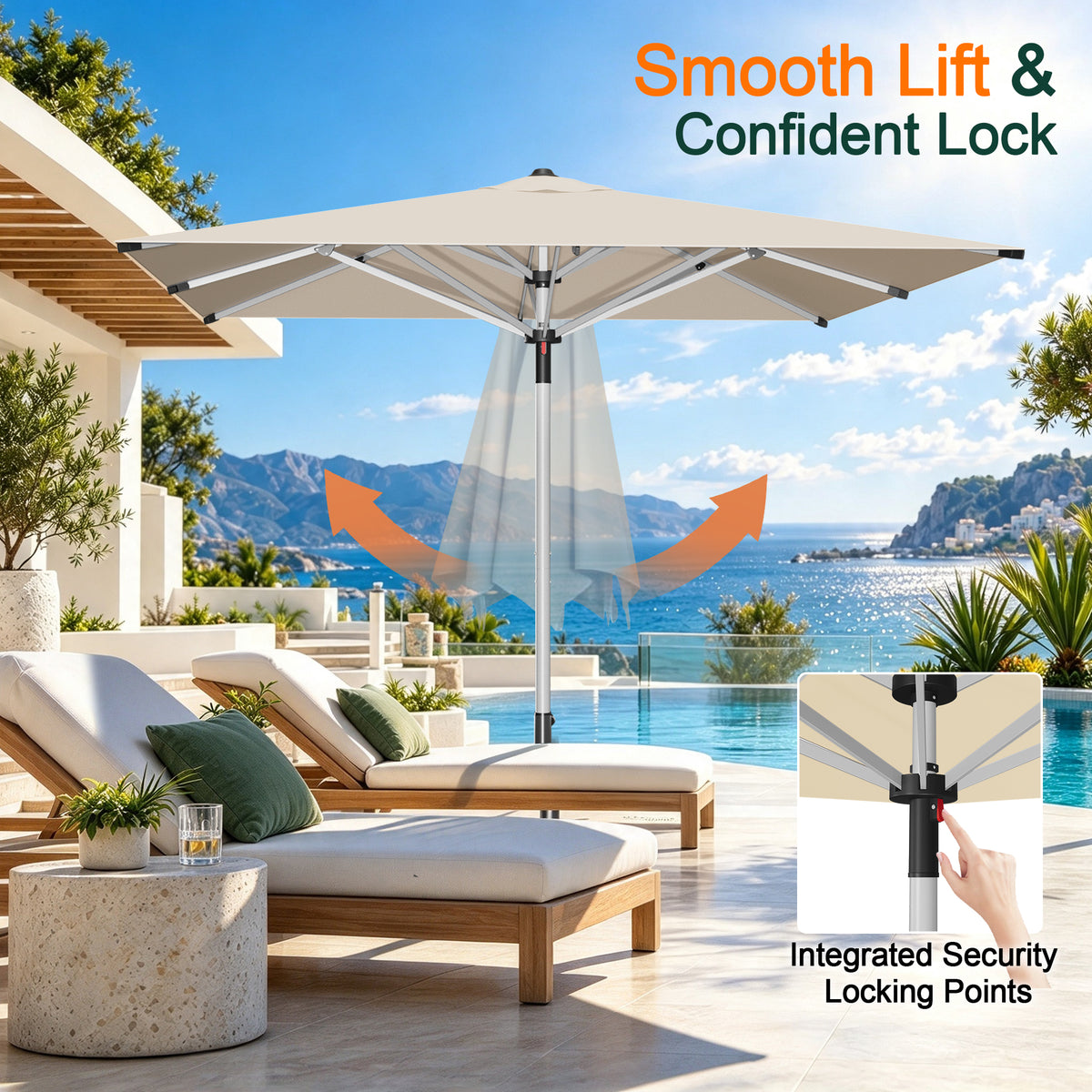 Cream Solara square umbrella showing its lift mechanism and locking pin detail - Sunshade